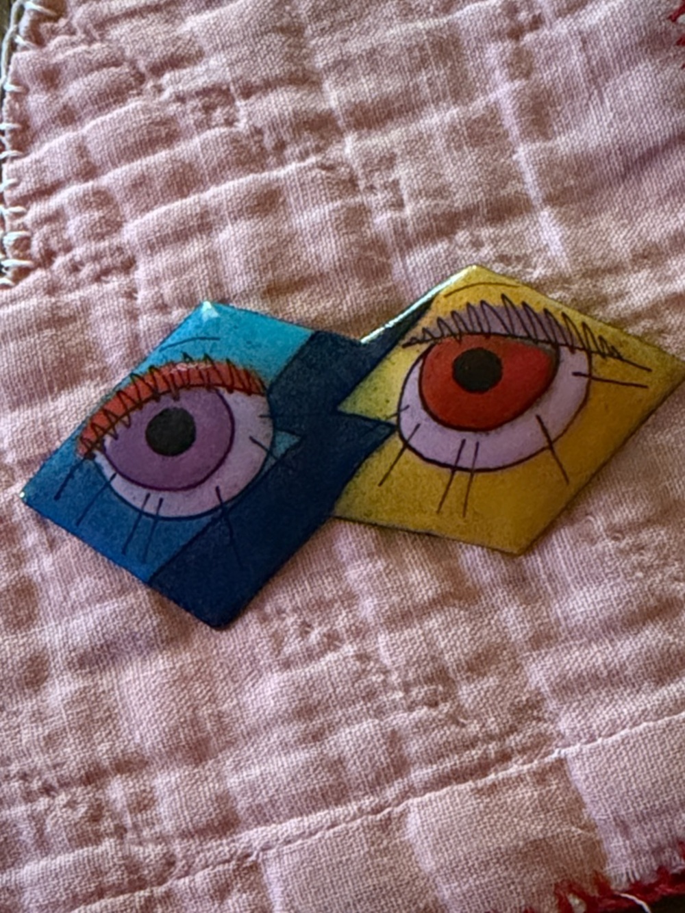 Brooch - Susan Jones 1991 - Enamel on Copper - Abstract Eyes - Signed By Artist